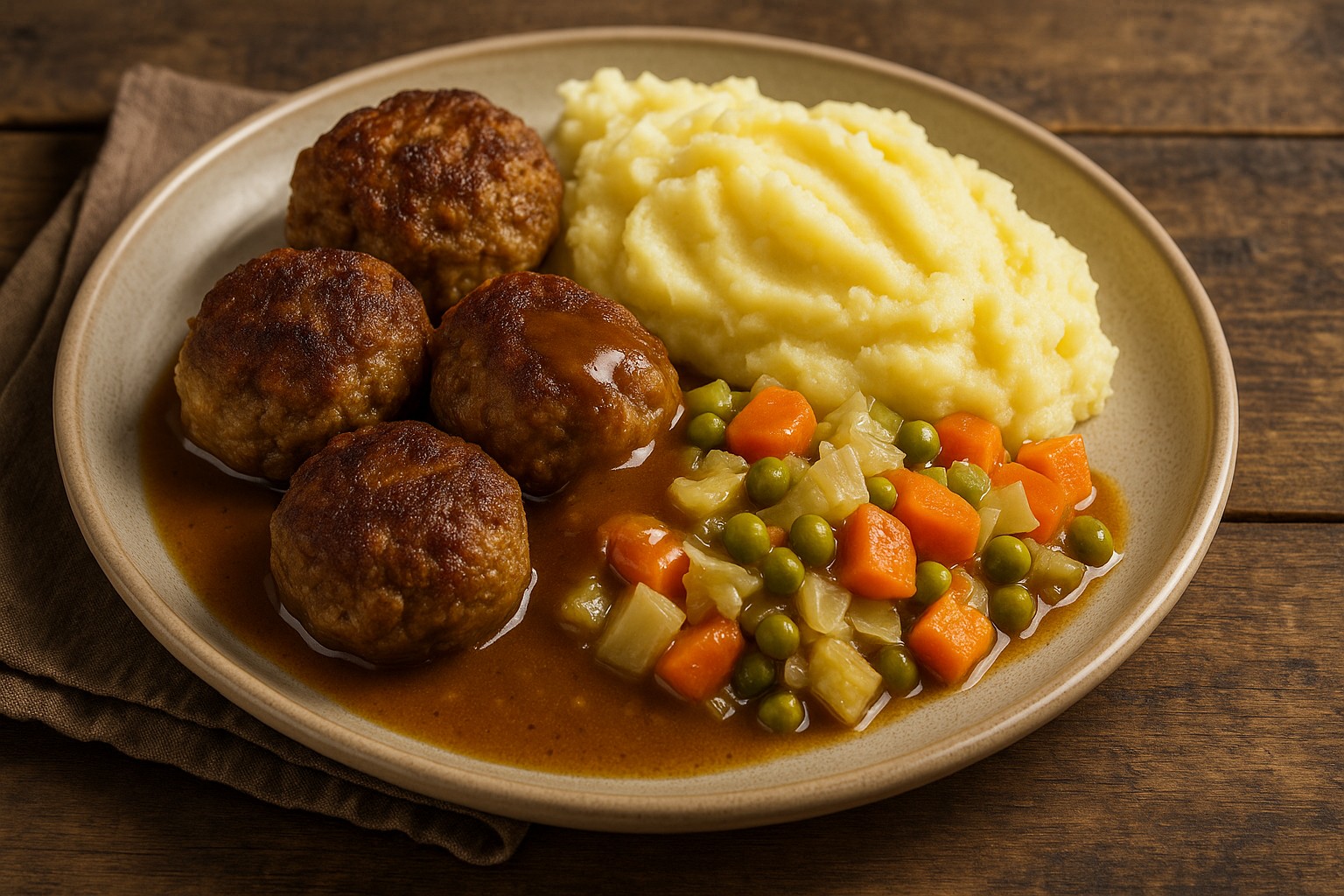 Kotletes: Frikadellen mit Kartoffeln, Gemüse und Soße.